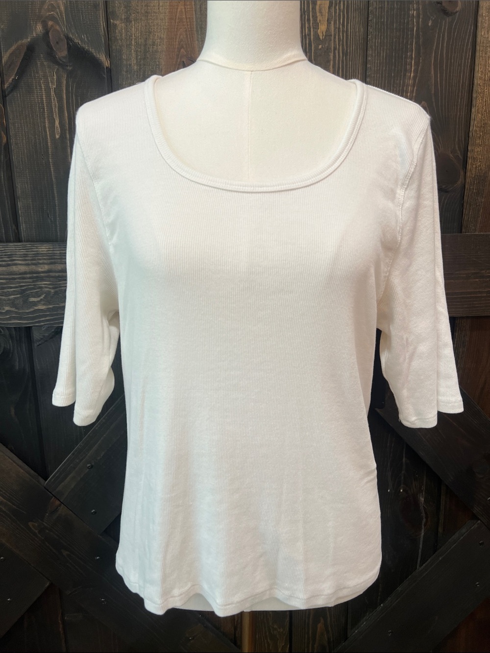 Quince White Ribbed Top XL Elbow Sleeve Stretch‎ Neutral Minimalist Casual Scoop